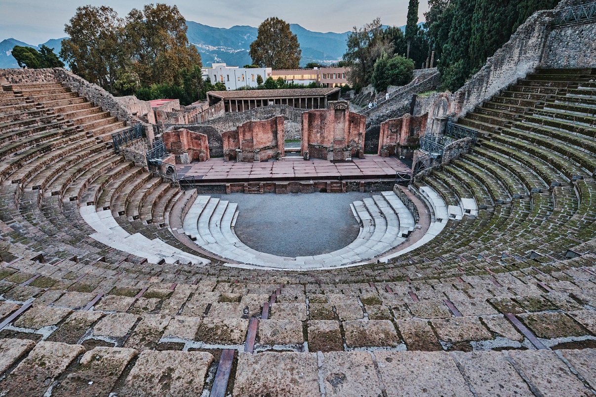 View Of Great Theatre In Ruins Of Ancient Roman City Pompeii, Campania Region, Naples, Italy